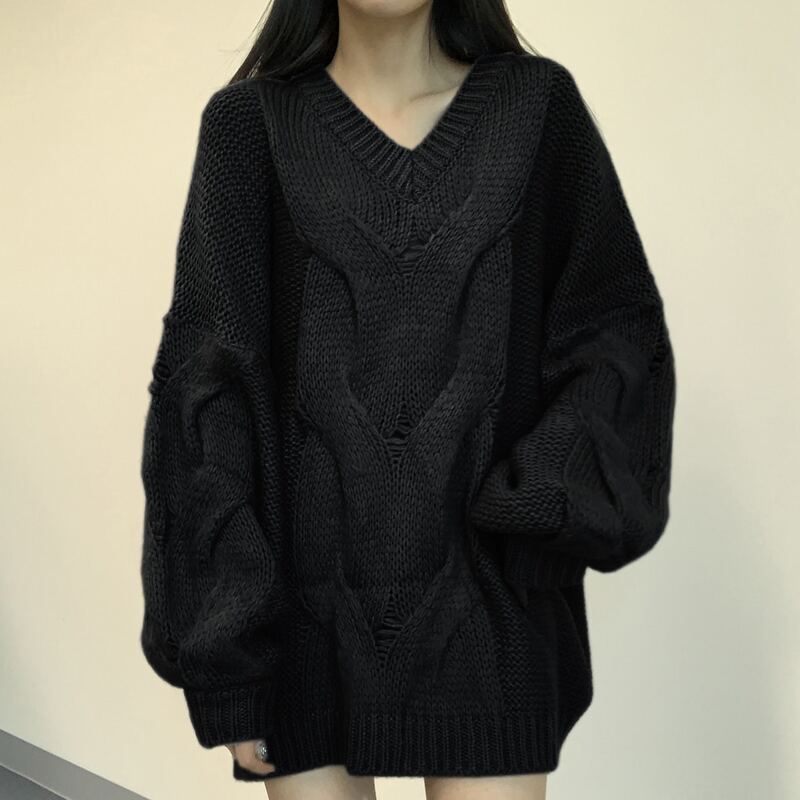 

Cable Knit Drop Shoulder Oversized Sweater, Black
