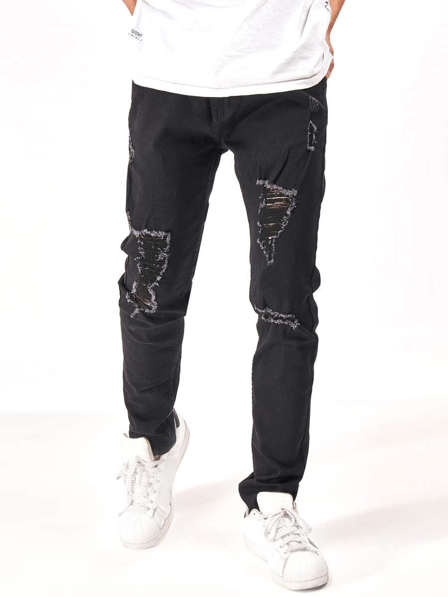 Manfinity Men Ripped Tapered Jeans - Black - View 1