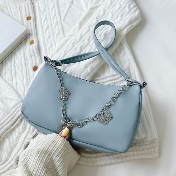 

Butterfly & Chain Decor Baguette Bag, Blue