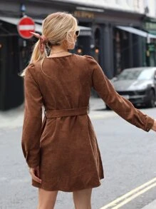 SHEIN 泡泡袖前紐扣腰帶燈芯絨連衣裙 - 咖啡棕 - 查看 2