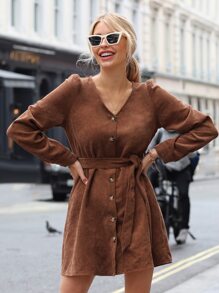 SHEIN 泡泡袖前紐扣腰帶燈芯絨連衣裙 - 咖啡棕 - 查看 3