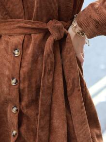 SHEIN 泡泡袖前紐扣腰帶燈芯絨連衣裙 - 咖啡棕 - 查看 4