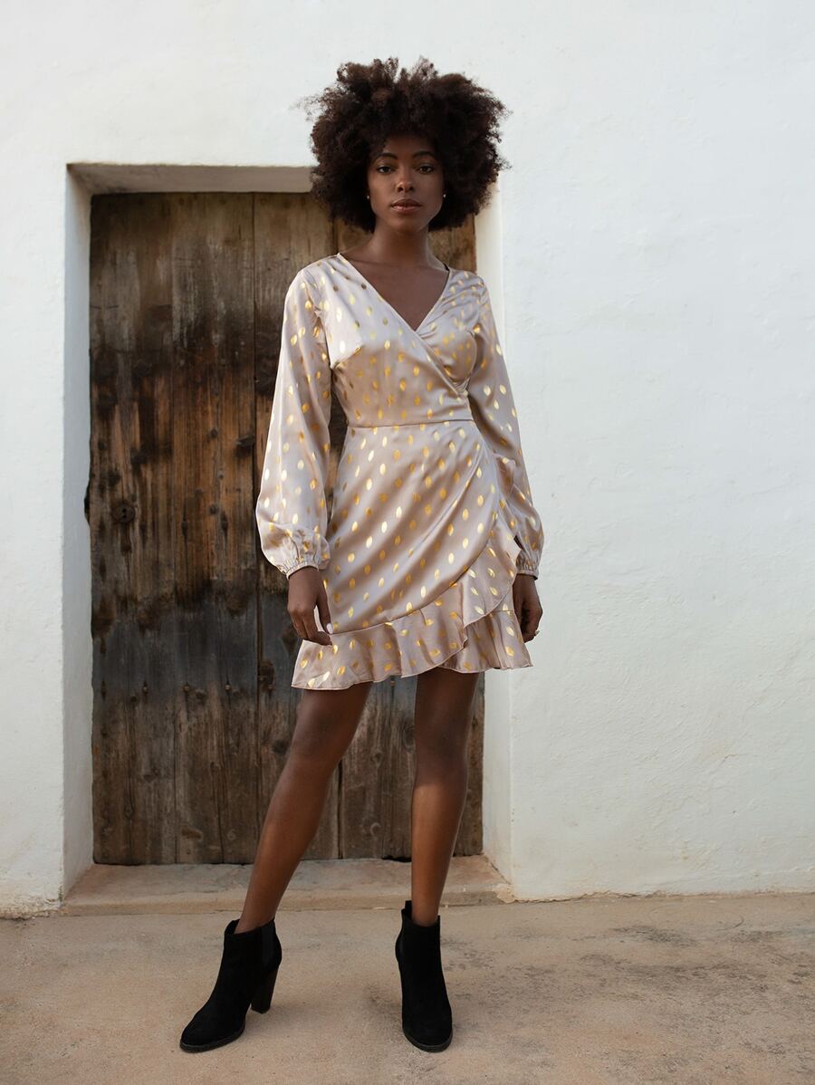 SHEIN 燙金燈籠袖荷葉邊圍裹金屬質感洋裝