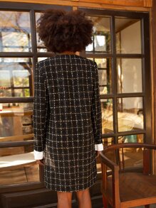 SHEIN Flounce Sleeve Plaid Tweed Overcoat - Black and White - View 2