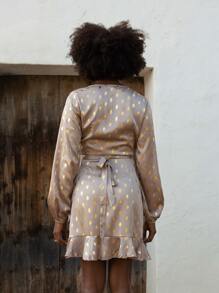 SHEIN 燙金燈籠袖荷葉邊圍裹金屬質感洋裝