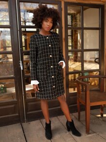 SHEIN Flounce Sleeve Plaid Tweed Overcoat - Black and White - View 3