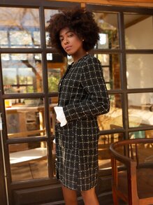 SHEIN Flounce Sleeve Plaid Tweed Overcoat - Black and White - View 4