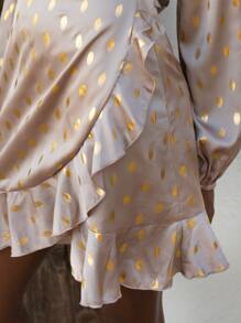 SHEIN 燙金燈籠袖荷葉邊圍裹金屬質感洋裝