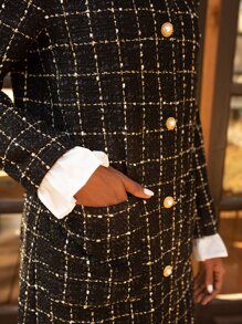 SHEIN Flounce Sleeve Plaid Tweed Overcoat - Black and White - View 5