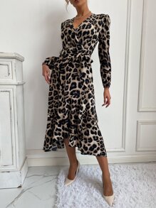 SHEIN Frenchy Leopard Print Ruffle Hem Belted Dress Winter Elegant Cheetah Evening Dress Party - Multicolor - View 5