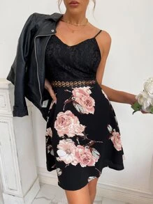 SHEIN VCAY Floral Print Guipure Lace Insert Cami Dress - Multicolor - View 3