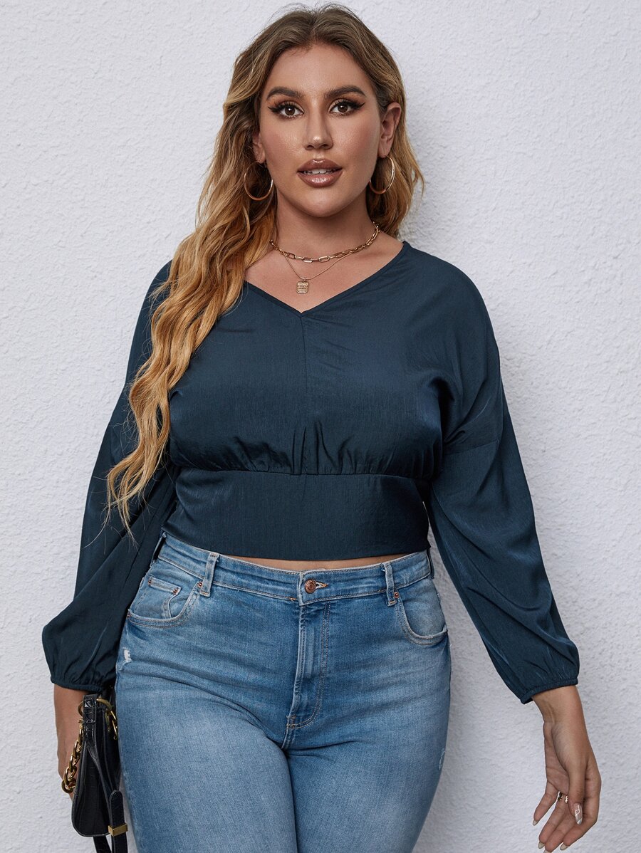 SHEIN Unity Áo sơ mi Plus Size màu trơn Giải trí - Màu xanh hải quân - Xem 1