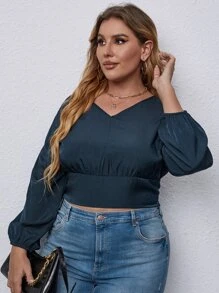 SHEIN Unity Áo sơ mi Plus Size màu trơn Giải trí - Màu xanh hải quân - Xem 3