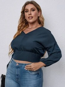 SHEIN Unity Áo sơ mi Plus Size màu trơn Giải trí - Màu xanh hải quân - Xem 4