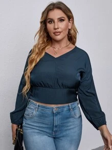 SHEIN Unity Áo sơ mi Plus Size màu trơn Giải trí - Màu xanh hải quân - Xem 5