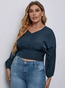 SHEIN Unity Áo sơ mi Plus Size màu trơn Giải trí - Màu xanh hải quân - Xem 6