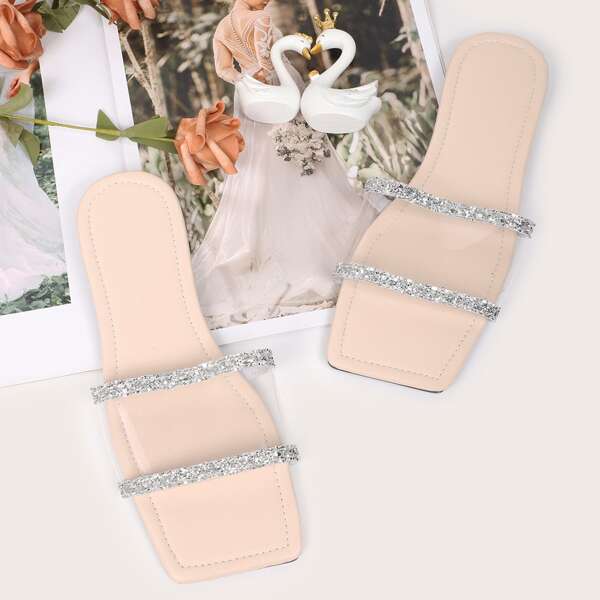 

Clear Glitter Trim Slide Sandals