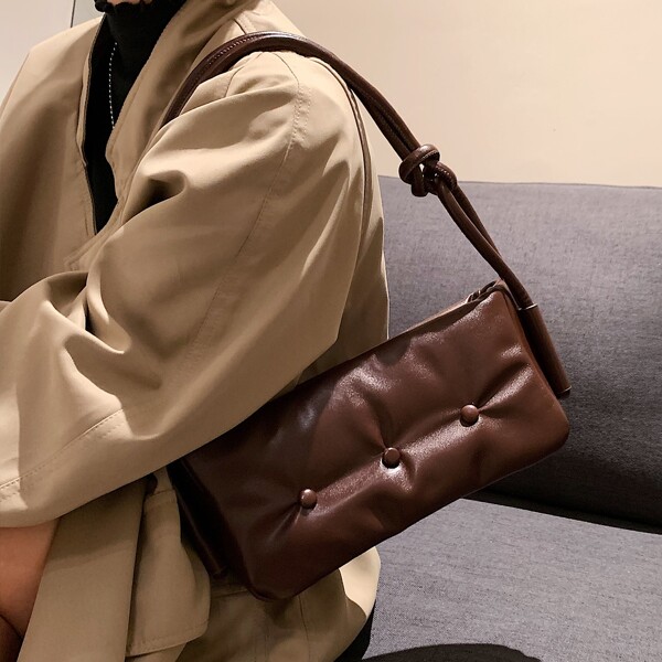 

Minimalist Ruched Baguette Bag, Coffee brown
