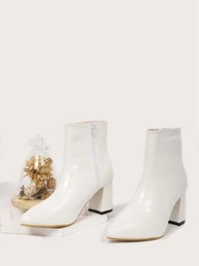 Crocodile Embossed Chunky Heeled Ankle Boots - White - View 1