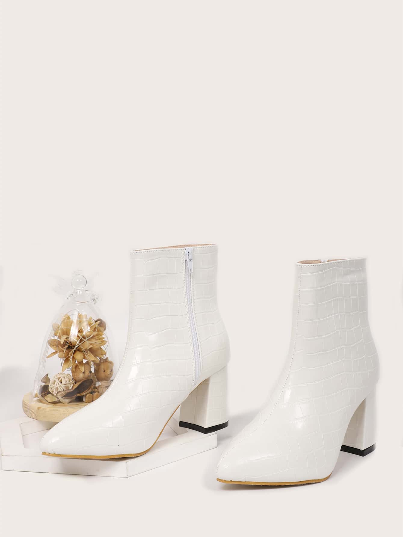 Crocodile Embossed Chunky Heeled Ankle Boots - White - View 1