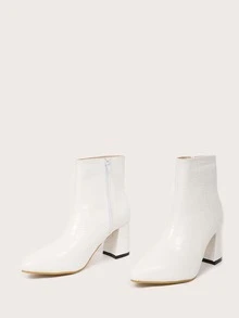 Crocodile Embossed Chunky Heeled Ankle Boots - White - View 2