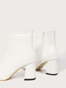 Crocodile Embossed Chunky Heeled Ankle Boots - White - View 4