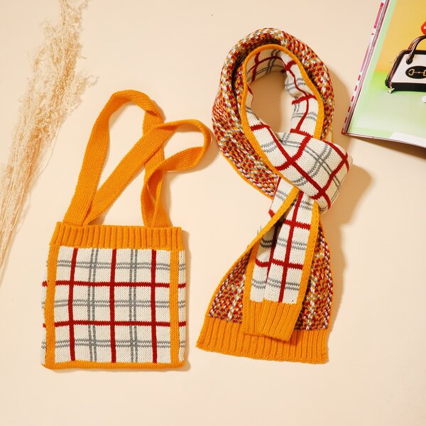 

1pc Plaid Scarf & 1pc Storage Bag, Multicolor