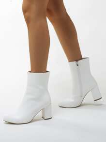 女士时尚靴子，冬季高跟女鞋，白色靴子，粗跟新款圆头踝靴和短靴 - 白色 - 查看 3