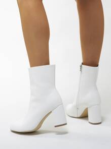 女士时尚靴子，冬季高跟女鞋，白色靴子，粗跟新款圆头踝靴和短靴 - 白色 - 查看 6