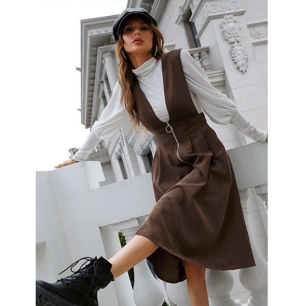 

Plain Zip Overall Dress, Chocolate brown