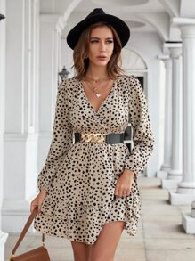 SHEIN Clasi 斑點印花燈籠袖荷葉邊不附腰帶連衣裙 - 彩色 - 查看 1