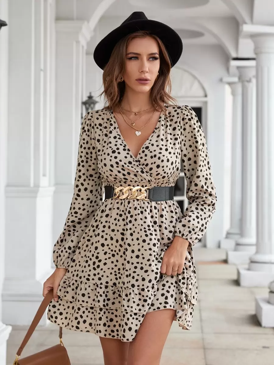 SHEIN Clasi 斑點印花燈籠袖荷葉邊不附腰帶連衣裙 - 彩色 - 查看 1