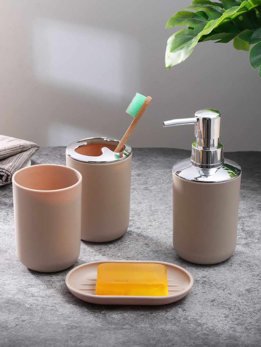 4件裝乳液分配器和牙刷杯和皂碟架套裝 - 米色 - 查看 1