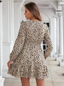 SHEIN Clasi 斑點印花燈籠袖荷葉邊不附腰帶連衣裙 - 彩色 - 查看 2