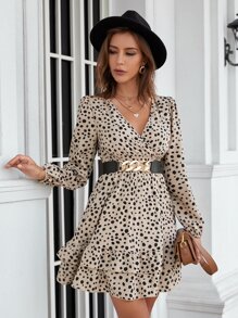 SHEIN Clasi 斑點印花燈籠袖荷葉邊不附腰帶連衣裙 - 彩色 - 查看 3