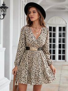 SHEIN Clasi 斑點印花燈籠袖荷葉邊不附腰帶連衣裙 - 彩色 - 查看 4