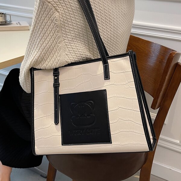

Letter Patch Croc Embossed Shoulder Tote Bag, Black and white