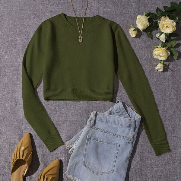 

Solid Ribbed Knit Crop Sweater, Olive green