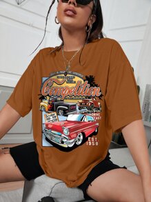 INAWLY 汽車和標語圖案落肩T恤 - 棕色 - 查看 1