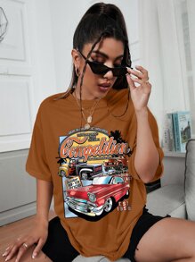 INAWLY 汽車和標語圖案落肩T恤 - 棕色 - 查看 3