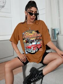 INAWLY 汽車和標語圖案落肩T恤 - 棕色 - 查看 4