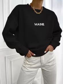 SHEIN Unity Women's Letter Print Round Neck Drop Shoulder Long Sleeve Casual Loose Sweatshirt - Black - View 1