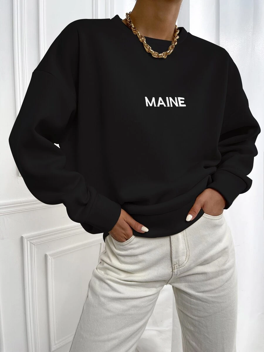 SHEIN Unity Women's Letter Print Round Neck Drop Shoulder Long Sleeve Casual Loose Sweatshirt - Black - View 1