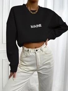 SHEIN Unity Women's Letter Print Round Neck Drop Shoulder Long Sleeve Casual Loose Sweatshirt - Black - View 4