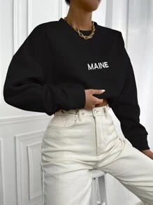 SHEIN Unity Women's Letter Print Round Neck Drop Shoulder Long Sleeve Casual Loose Sweatshirt - Black - View 5