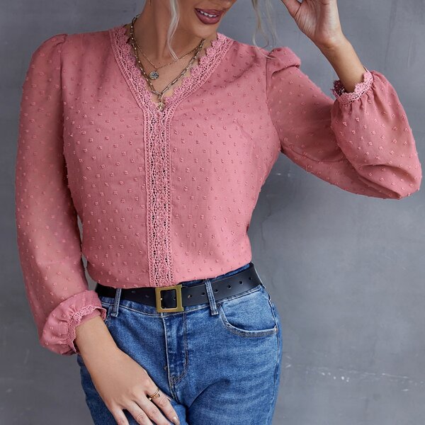 

Swiss Dot Contrast Lace V Neck Chiffon Blouse, Dusty pink