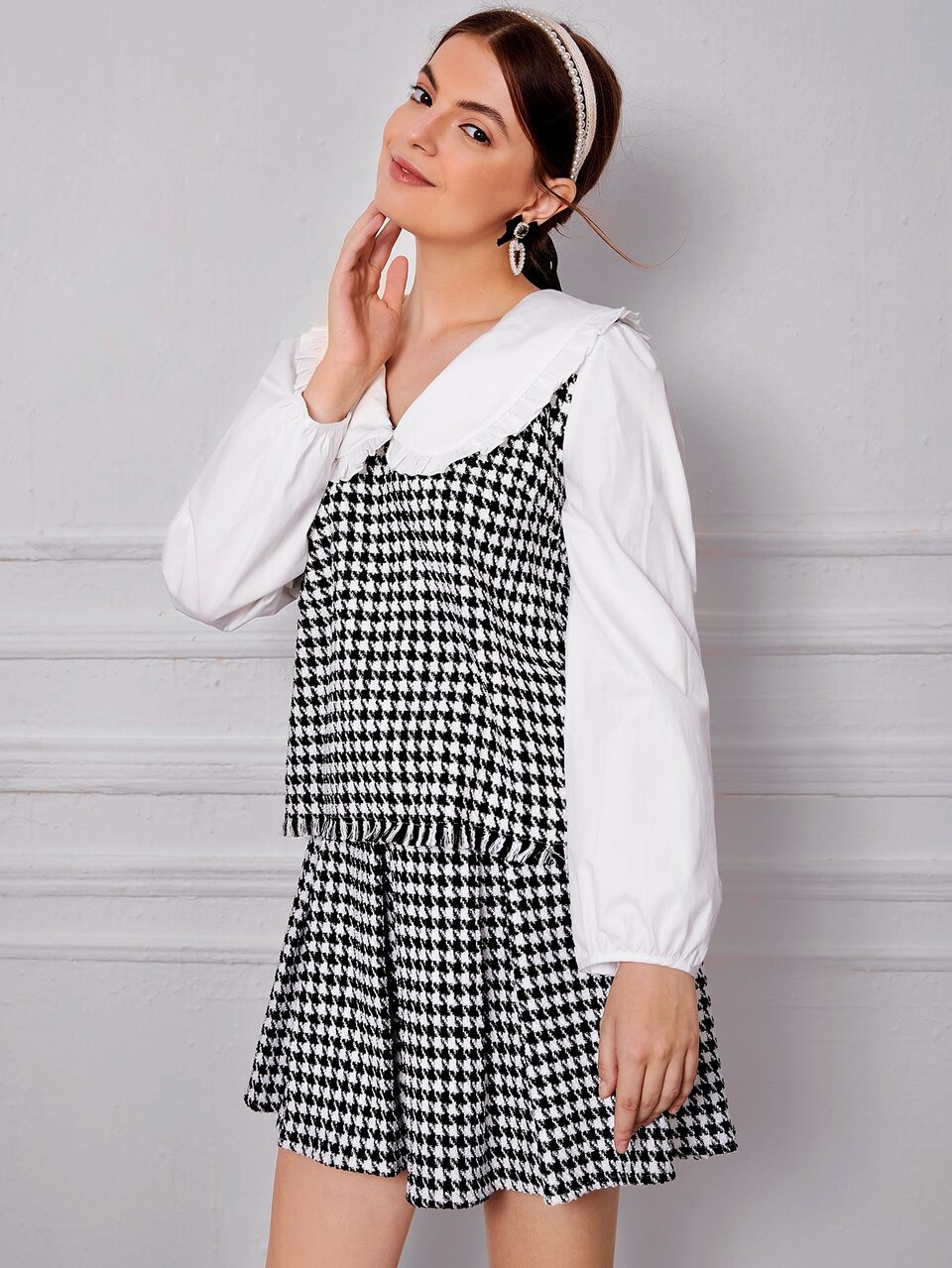Houndstooth Print Raw Cut Tweed 2 In 1 Blouse