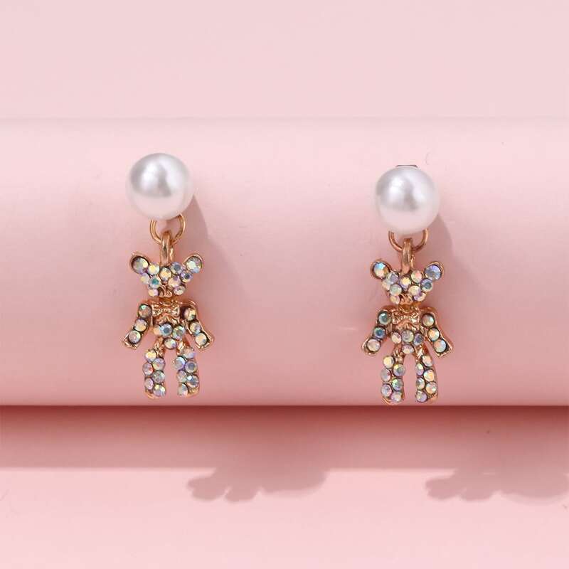 

Rhinestone Decor Bear Drop Earrings, White