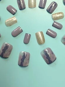 用24入組短方形污跡藍色假指甲和1入組指甲銼和1張膠帶為女士和女孩升級您造型 - 霧霾藍 - 查看 5