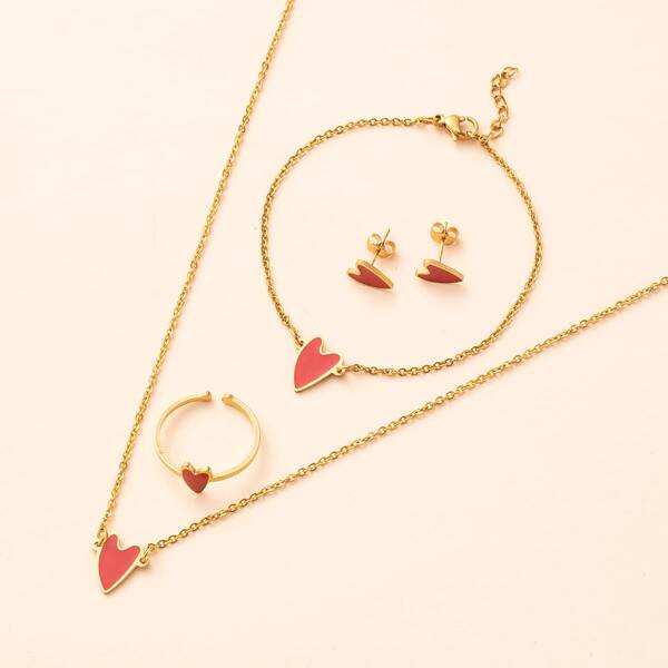 

5pcs Heart Detail Jewelry Set, Gold